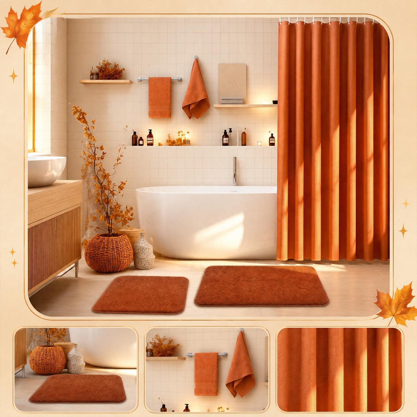 Frienda 5 Pcs Fall Bathroom Decor Rust Orange Fall Shower Curtain Set with Rugs and Hand Towels Autumn Bathroom Set with Hooks Non Slip Microfiber Bath Mats for Thanksgiving Home Apartment Dorm