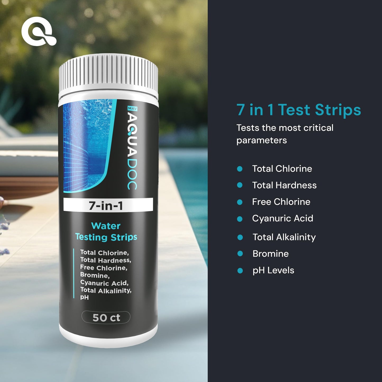AquaDoc 7-in-1 Spa & Hot Tub Test Strips - 50 Pool Test Strips for pH, Chlorine, Hardness, Bromine, Cyanuric Acid, Alkalinity