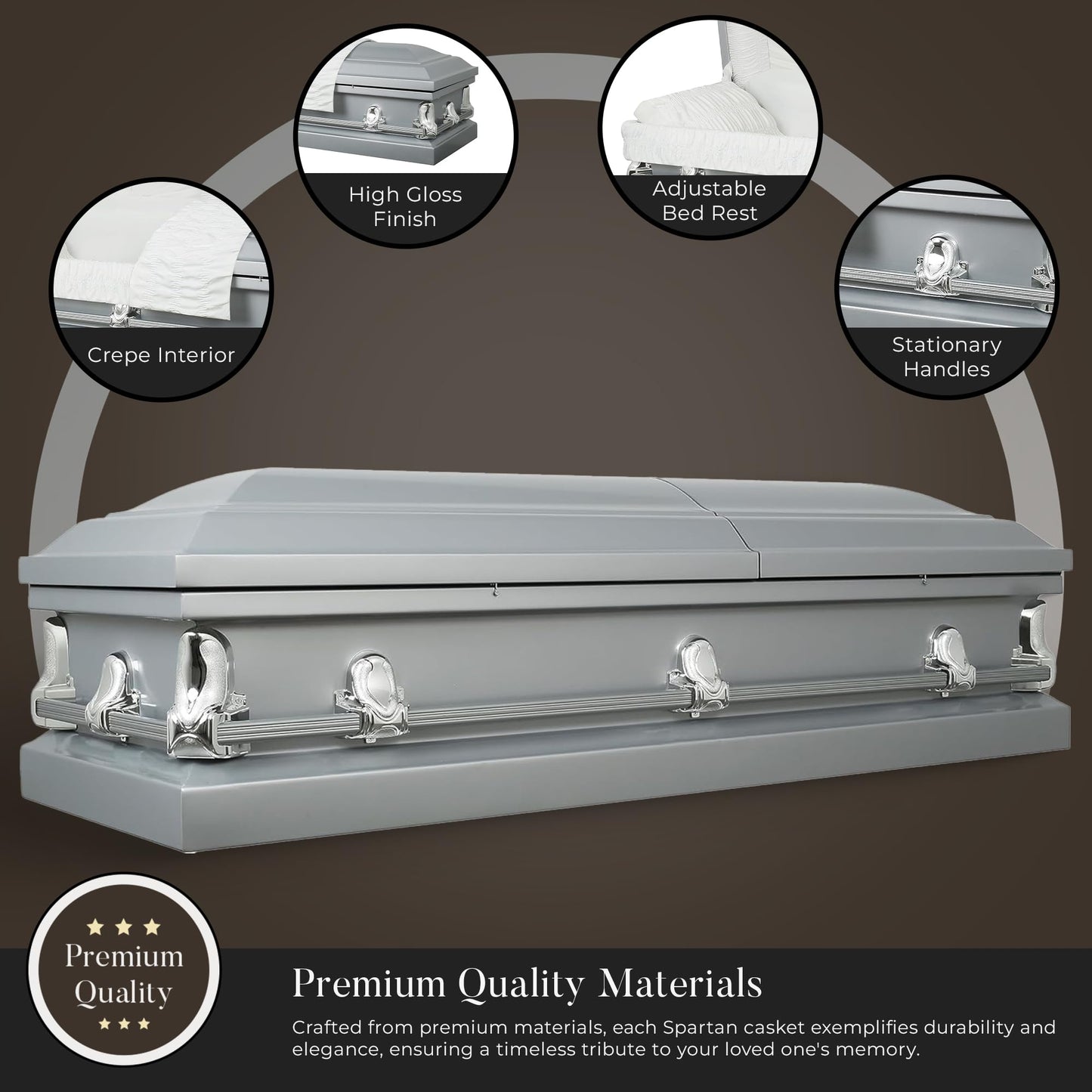 Overnight Caskets Spartan Collection Funeral Casket Silver with White Interior - 20 Gauge Steel - Fully Appointed Adult Casket - Coffin Featuring a Crepe Interior Lining with Pillow and Throw Set