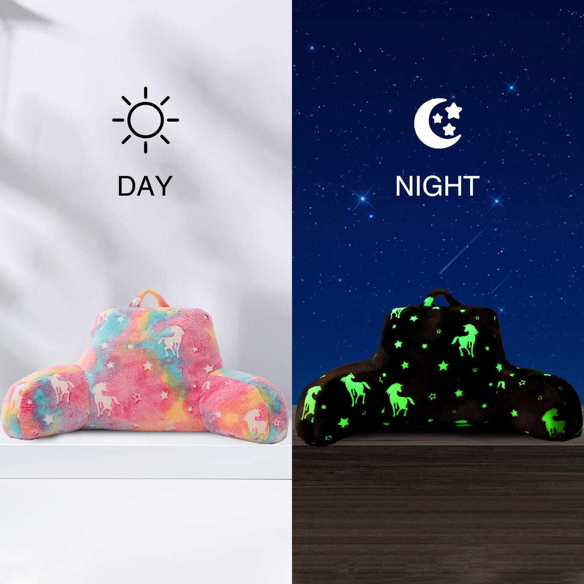 Aimuan Reading Pillow Glow in The Dark Bed Rest Wedge Kids Glow Backrest Pillow Unicorn Print with Arms Back Support for Sitting Up in Bed Cushion, Rainbow