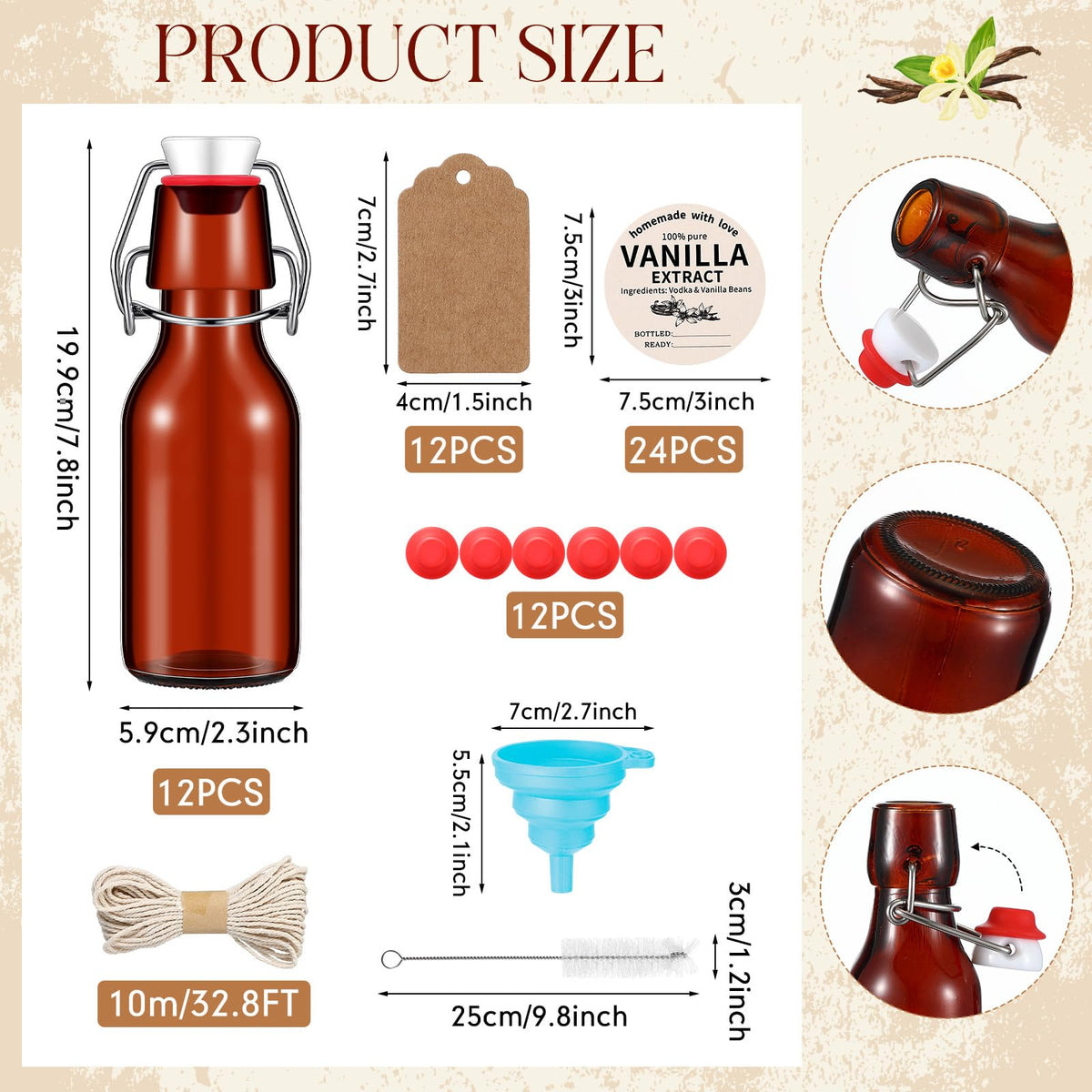 Vesici 12 Sets Amber Swing Top Glass Bottles Vanilla Extract, 8 oz
