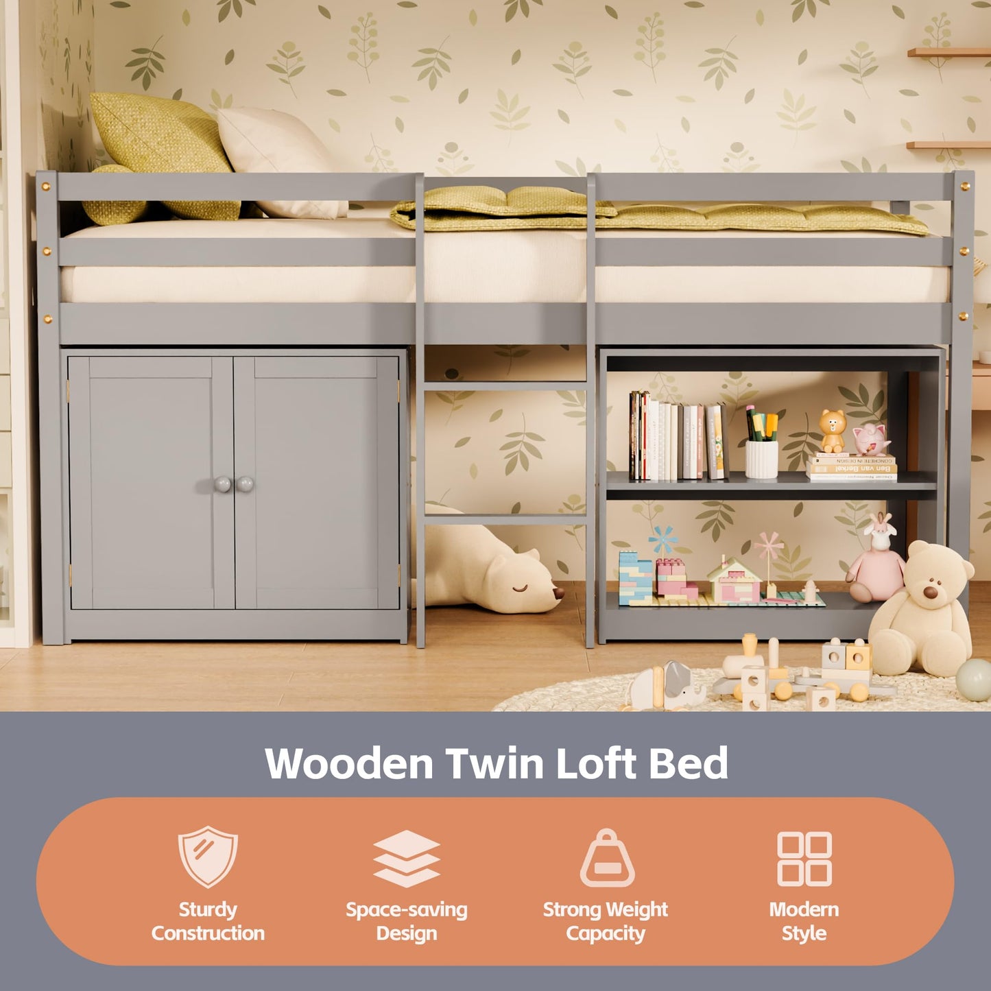 TOLEAD Wood Low Loft Bed Twin Size with Storage Cabinet, Shelf and LED Lights, Wooden Kids Loft Bed with 14" H Safety Guardrail, Ladder and Under-Bed Play Space, Grey