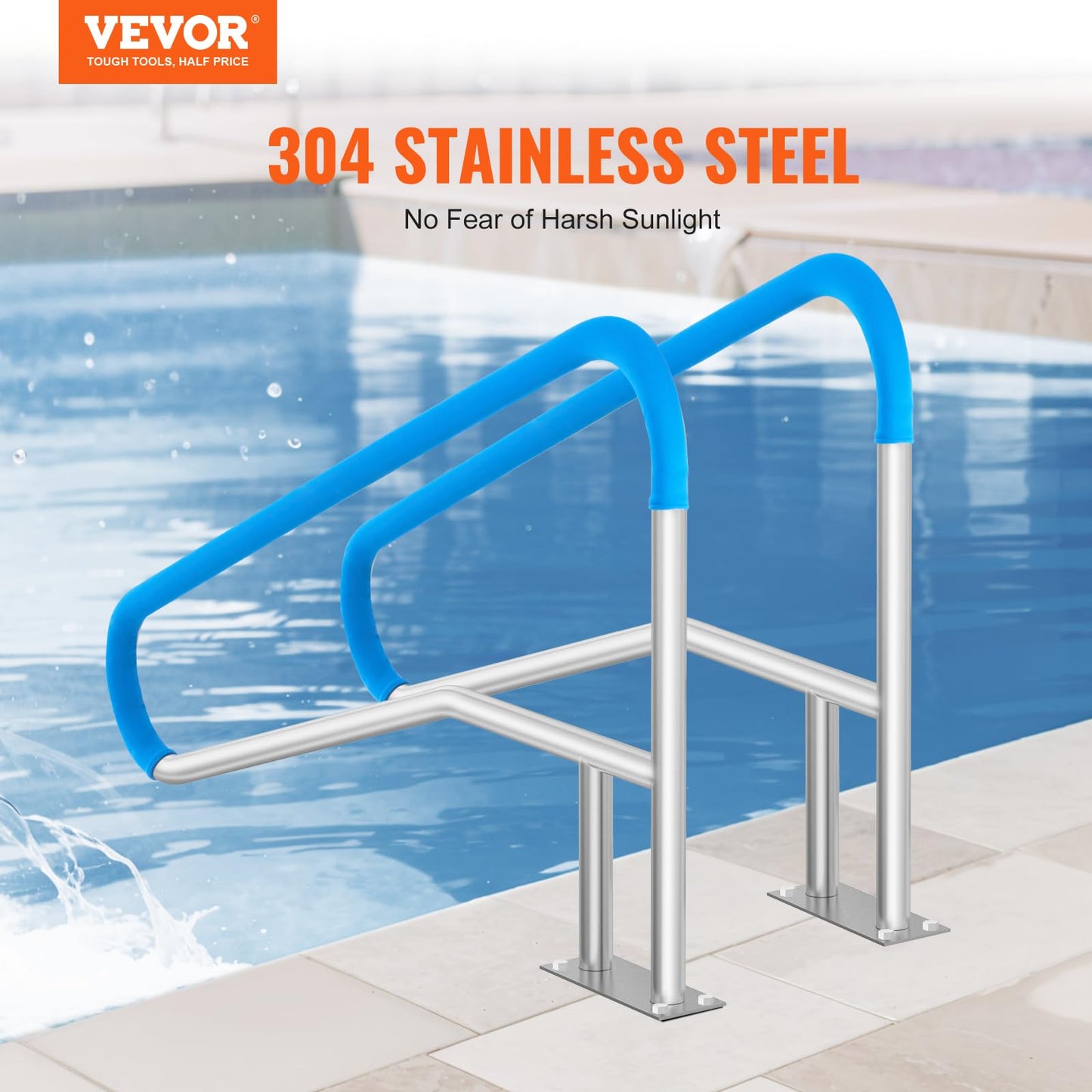 VEVOR Pool Handrail, 2 PCS 55 x 32 inch Railing, Stainless Steel with Base Plate for Indoor/Outdoor, Rust-Proof Grab Bar w/Grip Cover&Accessories for Decks/Spas