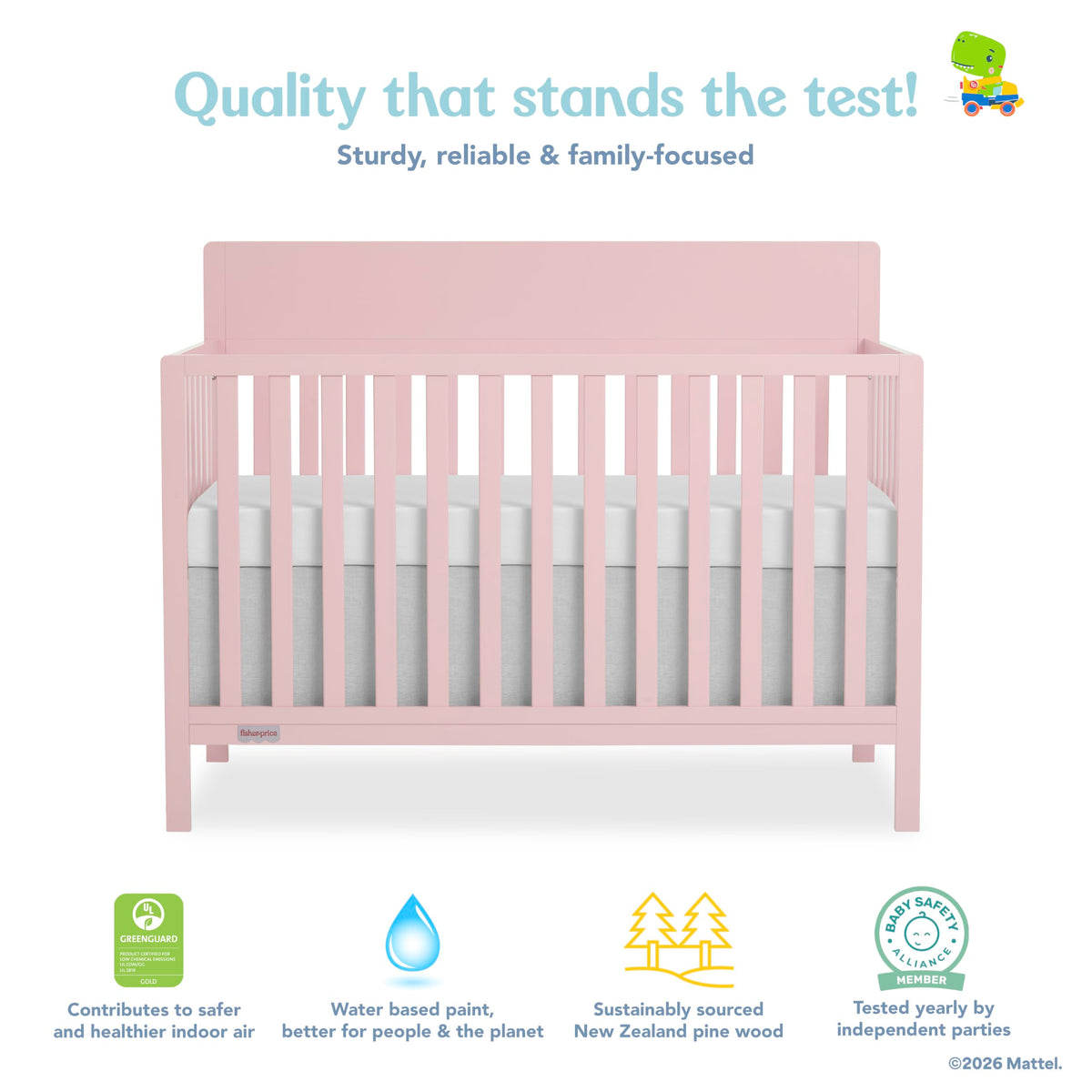Fisher-Price Meadowbrook 4-in-1 Convertible Full Size Baby Crib, Wooden Nursery Furniture, Converts to Toddler Bed with Guardrail, Daybed & Full-Size Bed, Greenguard Gold & BSA Certified, Pink