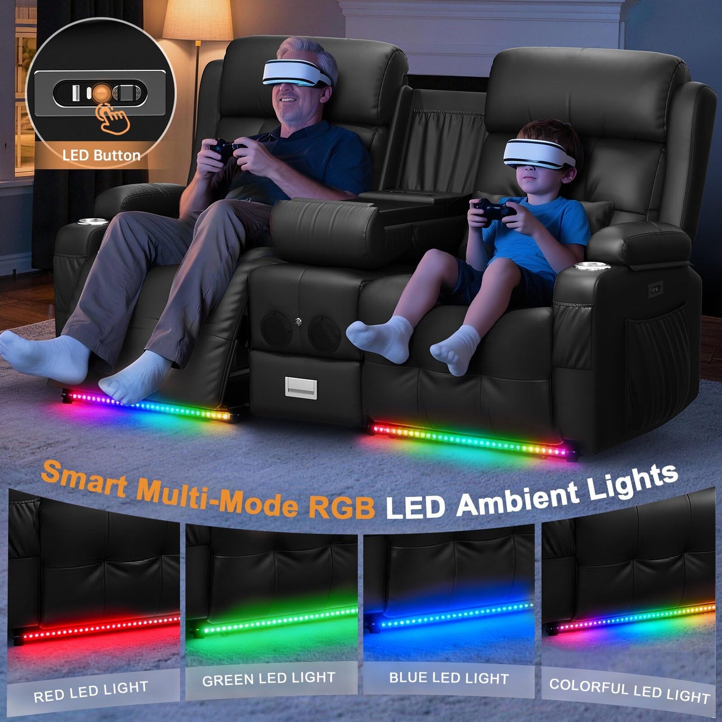 Home Theater Seating, Power Loveseat Recliner Sofa with Massage & Heat