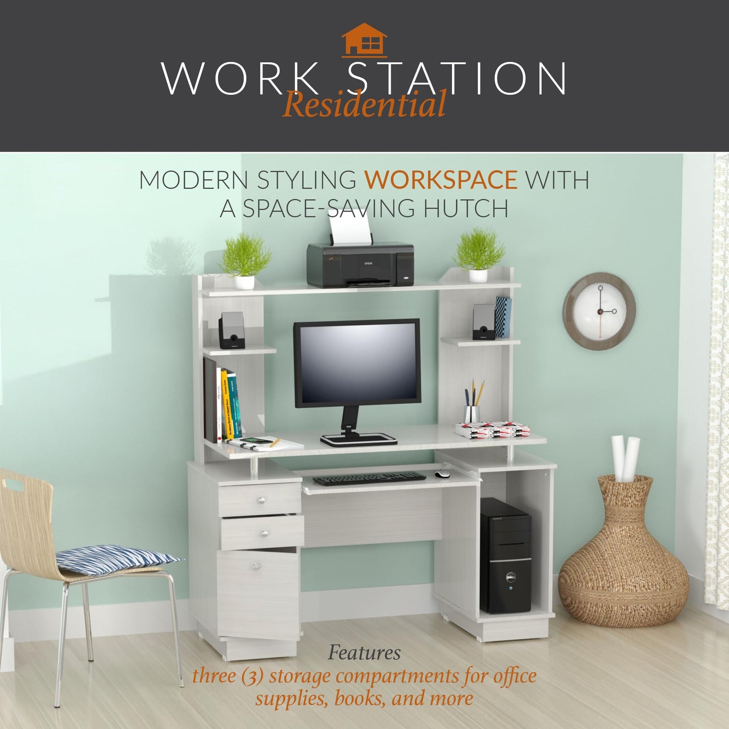 Inval America Computer Work Center with Hutch, Pull-Out Keyboard Tray, Drawers, Desk Workstation, 53.5"H x 48.62"W x 19.5"D, Washed Oak