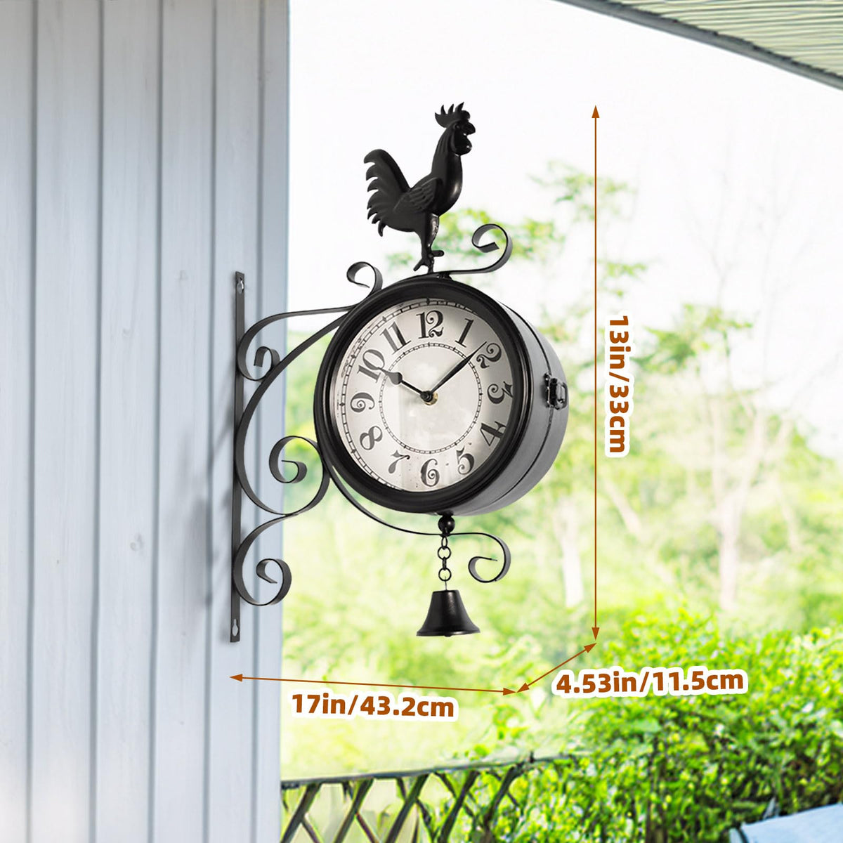 MACVAD Double-Sided Outdoor Wall Clock with Interchangeable Rooster, Bird & Bear Topper, 360° Rotating Iron Hanging Clock, Silent Non-Ticking Quartz Movement, Rustic Farmhouse Porch Garden Decor