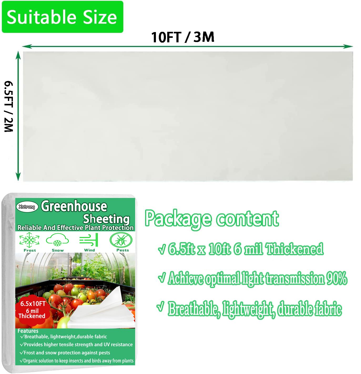 Xstronq 6.5FTx10FT Greenhouse Plastic Sheeting, 6 Mil Thick Clear Polyethylene Film, Waterproof Wind Frost Dust UV Resistant Green House Plastic Covering for Outdoor Plant, Garden, (6.5ft x 10ft)