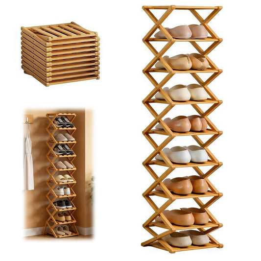 9 Tier Bamboo Shoe Rack, Heavy Duty Foldable Shelf Needing No Setup | Versatile Space-Saving & Sturdy Collapsible Bamboo Shoe Rack Organizer for Closet, Entryway, Over-Door, Dorm or Bedroom Use