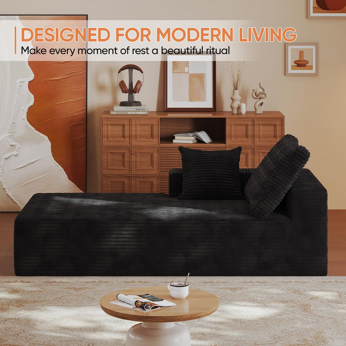 35" Sofa Bed, Boneless Cloud Couch, Rectangular Couch for Living Room, One-Piece Chaise Lounge with Pillows, Flannel Comfy Floor Sofa (Black, Vertical Left Armrest Facing Chaise)