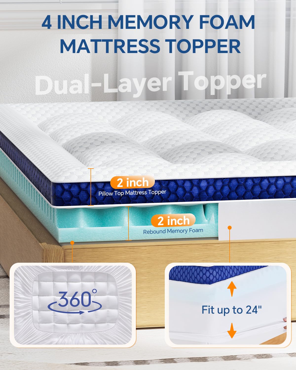 BEDELITE Twin XL Mattress Topper College Dorm Room Essentials, Dual Layer 4 Inch Memory Foam Mattress Topper, 2 Inch Pilow Top Mattress Pad and 2 Inch Gel Foam Mattress for Pressure Relief