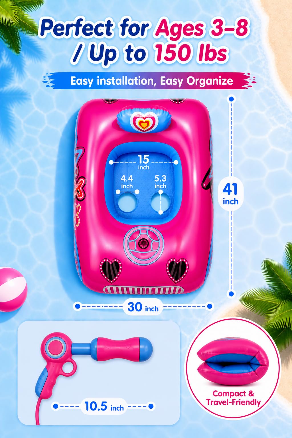 Kids Pool Float with Water Gun, 3-Layer Safety Seat Inflatable Toddler Float for Girls Ages 3-8, Pink Summer Swimming Pool Toys for Kids, Pool Party Beach Vacation Water Toy. Repair Patches Included