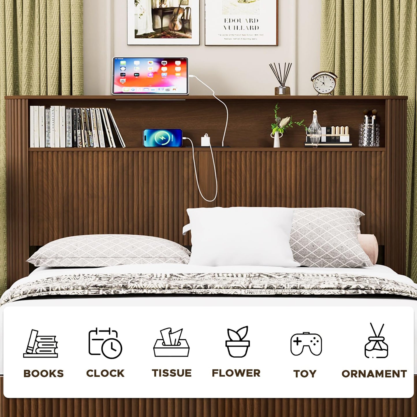 LIMNGZMEENN Full XL Bed Frame with Storage Headboard and Charging Station, Fluted Platform Bed with 2 AC Outlets and 2 USB Ports, Noise-Reducing Metal Support Bed Frame for Bedroom, Walnut