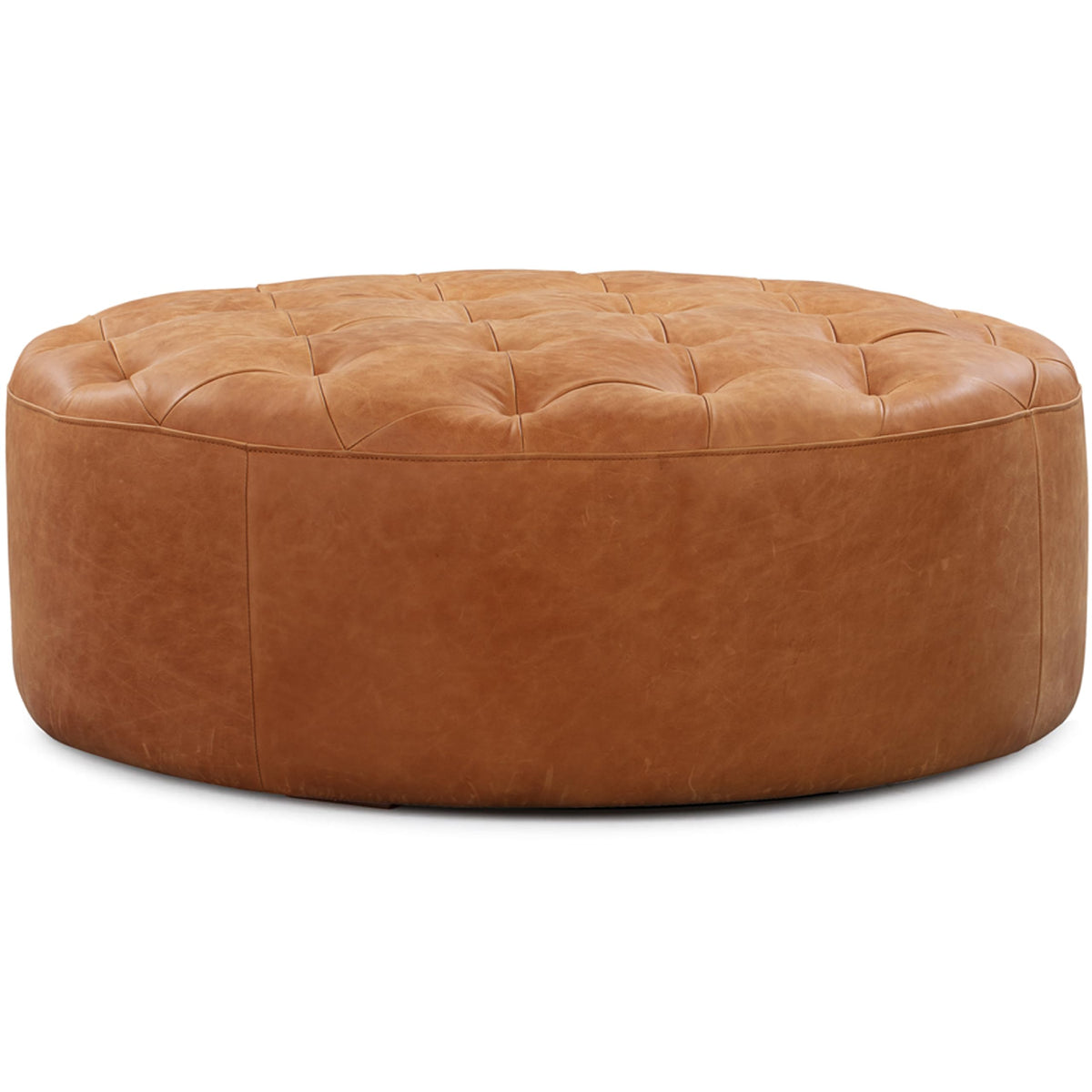 POLY & BARK Ascot Ottoman – 40" Round Pouf with Feather-Down Topper – Full-Grain Leather Upholstered Pouf Ottoman for Living Room – Vintage Italian Leather in Cognac Tan