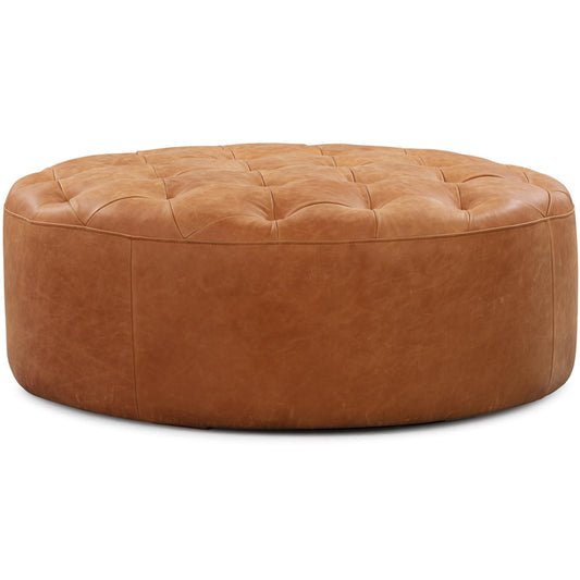 POLY & BARK Ascot Ottoman – 40" Round Pouf with Feather-Down Topper – Full-Grain Leather Upholstered Pouf Ottoman for Living Room – Vintage Italian Leather in Cognac Tan