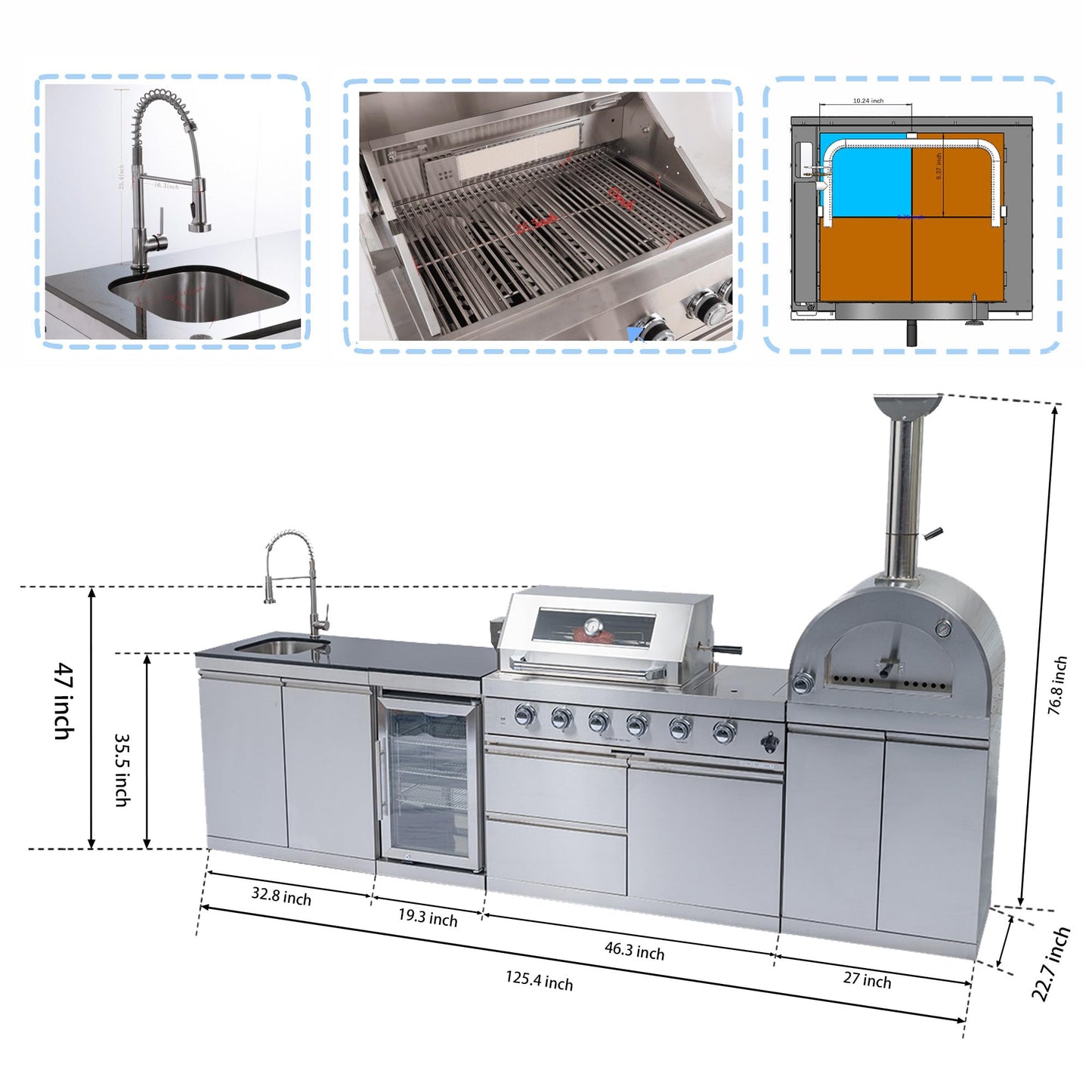 Outdoor Kitchen Island Gas Grill Pizza Oven Refrigerator Granite Countertop Sink Faucet Storage Cabinets Drawers Stainless Steel Barbecue Station Infrared Burner Side Range Warming Rack Gauge (Silver)