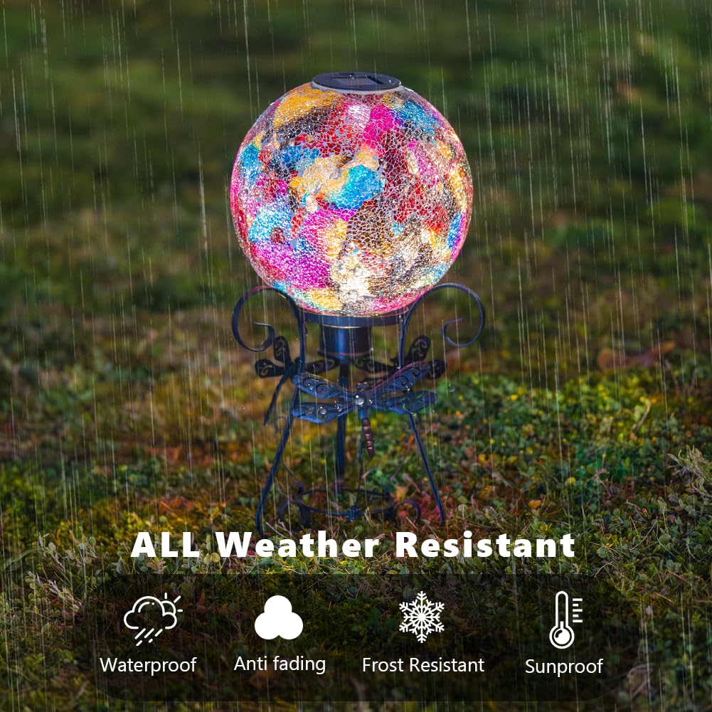 Stargarden Solar Gazing Ball, 10" Mosaic Gazing Ball,Glass Gazing Globe with Metal Stand, Decorative Solar Globes for Patio, Lawn, Garden Decor(Red)