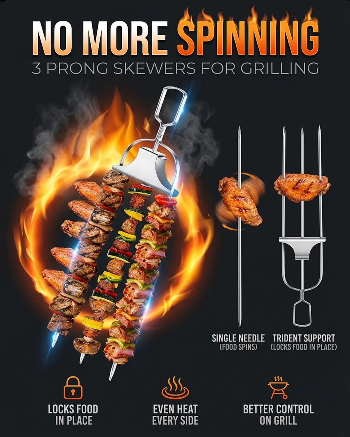 Skewers for Grilling Metal Kabobs BBQ Grill Skewer 3 Way Outdoor Accessories Stainless Steel Chicken Savant Kebab Barbecue Fork Meat Anti Spin 3 Prong Barbeque Reusable Grilling (2)