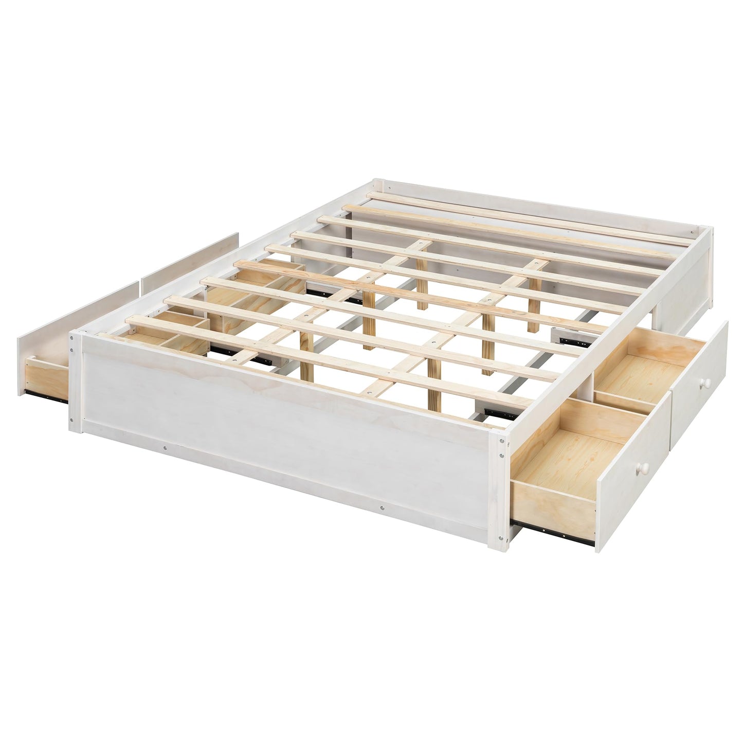 Merax Platform Bed Frame with 4 Storage Drawers and Hydraulic Lift Footboard Storage, No Headboard, Modern Space-Saving Design- Queen Size, Antique White
