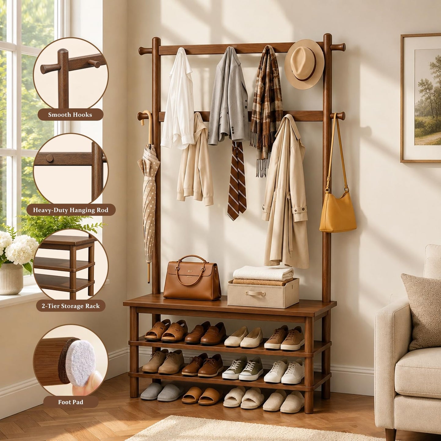 Wamhom Solid Wood Hall Tree with Bench, Shoe Rack & 11 Hooks 35.0''