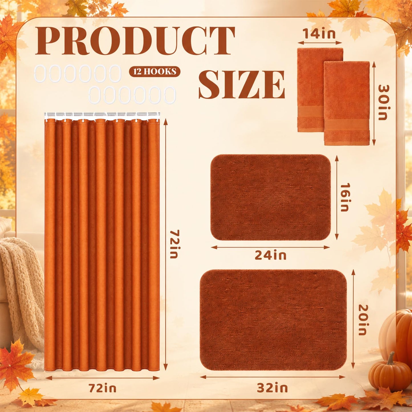 Frienda 5 Pcs Fall Bathroom Decor Rust Orange Fall Shower Curtain Set with Rugs and Hand Towels Autumn Bathroom Set with Hooks Non Slip Microfiber Bath Mats for Thanksgiving Home Apartment Dorm