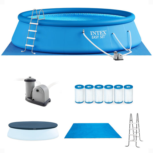 Intex Easy Set 18 Foot by 48 Inch Round Inflatable Above Ground Swimming Pool with Filter Pump, Ladder, Pool Cover, and 6 Pack Filter Cartridges, Blue
