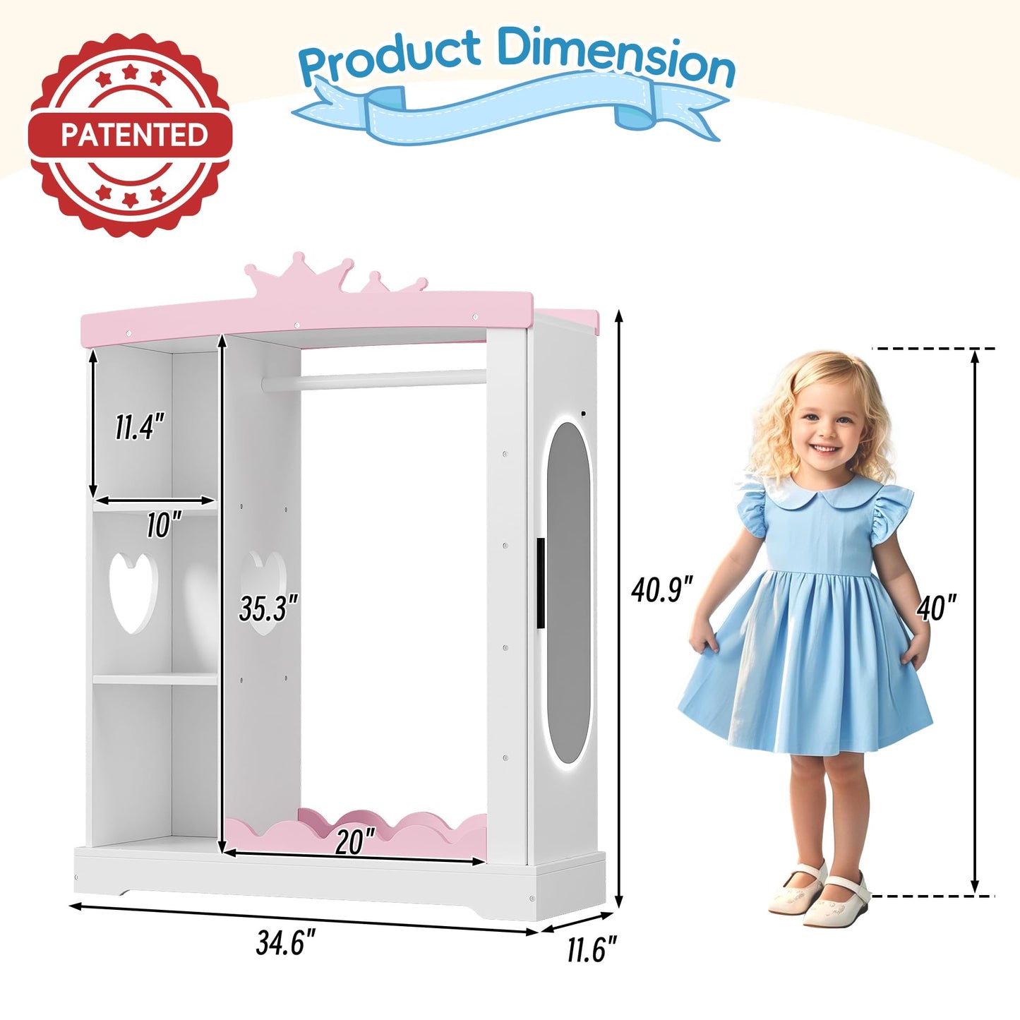 Betterhood Kids Closet with Jewelry Cabinet, Dress up Storage with Shelves&Mirror, Costumes Wardrobe Closet with Hanging Rack for Toddlers,Organizer for Bedroom, (Kids' Armoires, White)