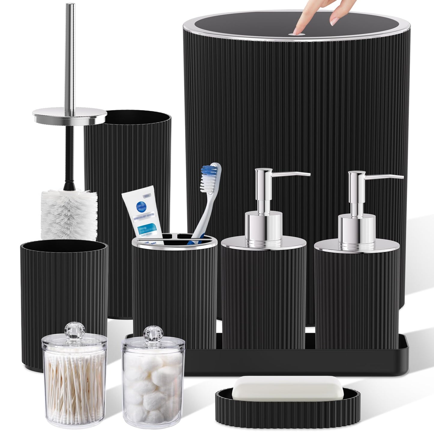 InnJoey Black Bathroom Accessories Set, 10PC Bathroom Trash Can Set