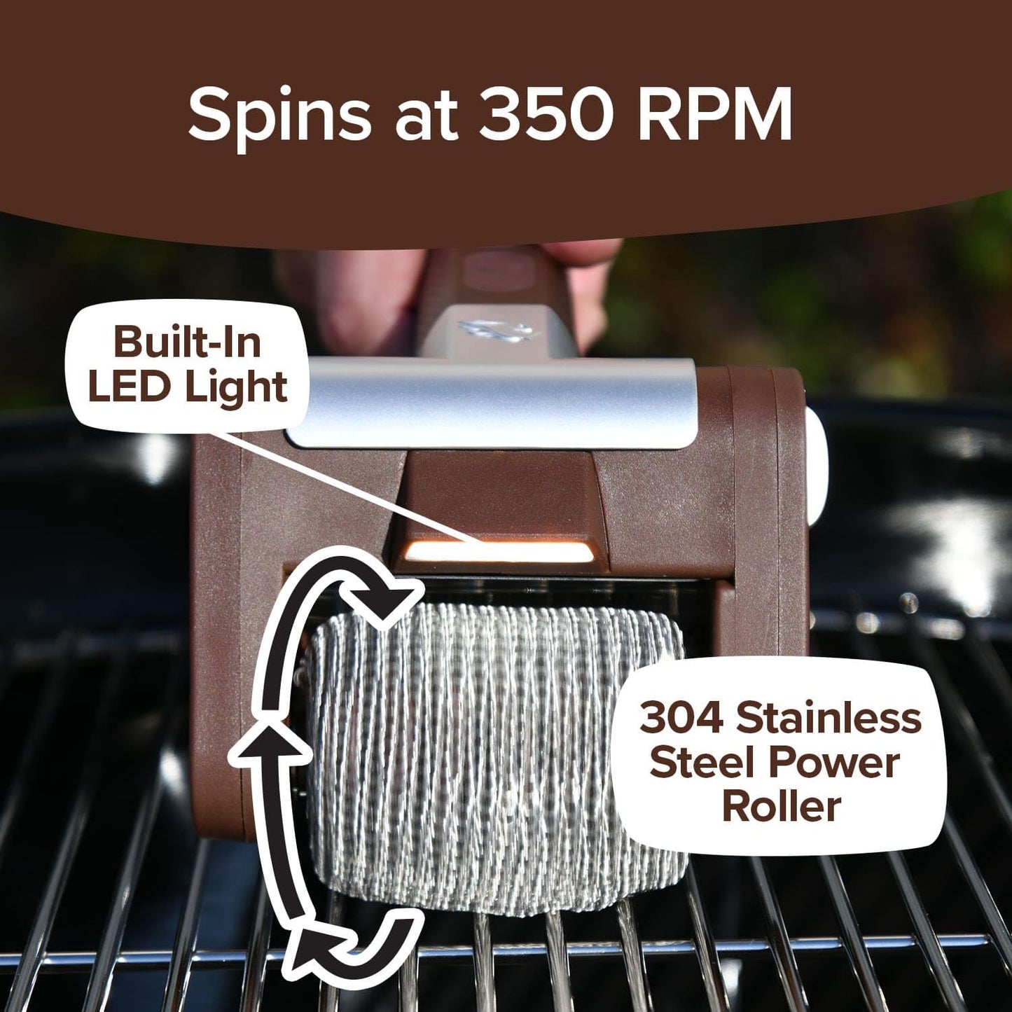 Horsepower Giddy Up GOLD Bristle-Free Spinning Grill Brush w/LED & Longer Run Time, Cordless/Rechargeable, 304 Stainless Steel Power Roller Blasts Away Burnt-On Food, No Bristles No Preheating 350 RPM
