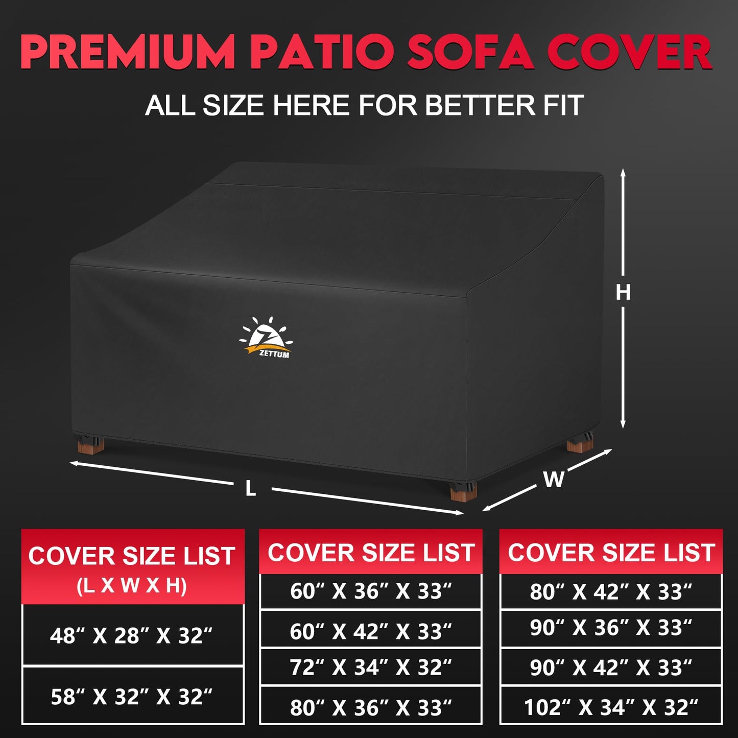 Zettum Patio Loveseat Cover 60 Inch - 600D Outdoor Couch Cover Furniture Sofa Cover Waterproof Heavy Duty, 2-Seater Bench Cover for Outside Sofa, Loveseat, Couch, Bench and Glider - 60 x 34 x 33 Inch