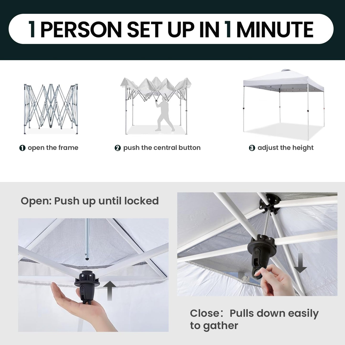 PHONWHON Shades 10x10 Pop Up Canopy with One Push Setup,Heavy Duty Beach Tent with Wheels for Easy Moving, Sun Shelter for Parties,Events, Outdoor Gazebo with 420D Coated Waterproof White Fabric