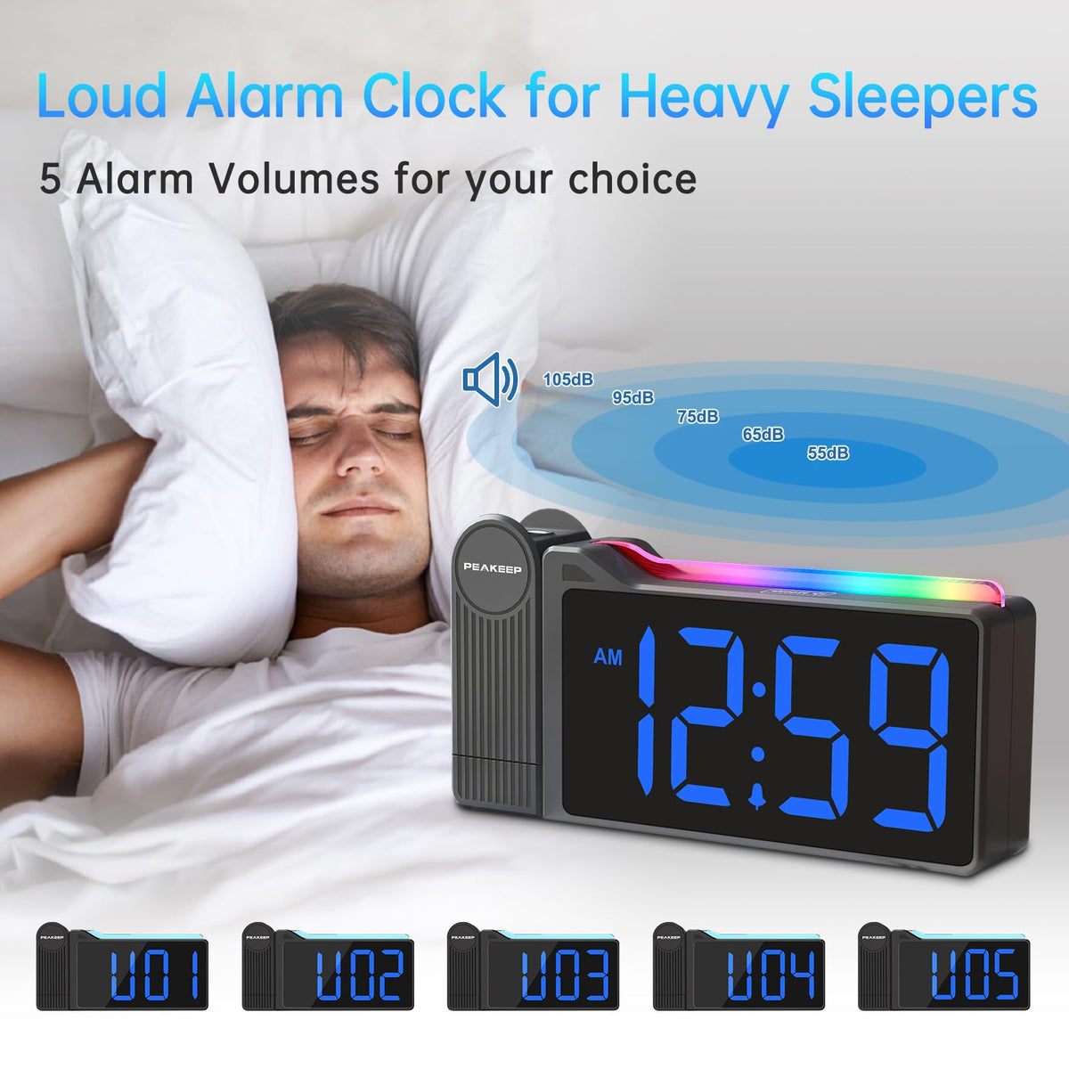 Peakeep Projection Alarm Clock for Bedroom Ceiling with Colorful Nightlight