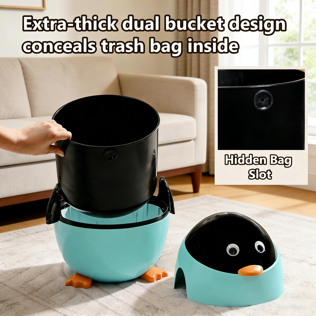 URALFA Penguin Trash Can, 3.2 Gal Kids Trash Can, Removable Inner Bucket