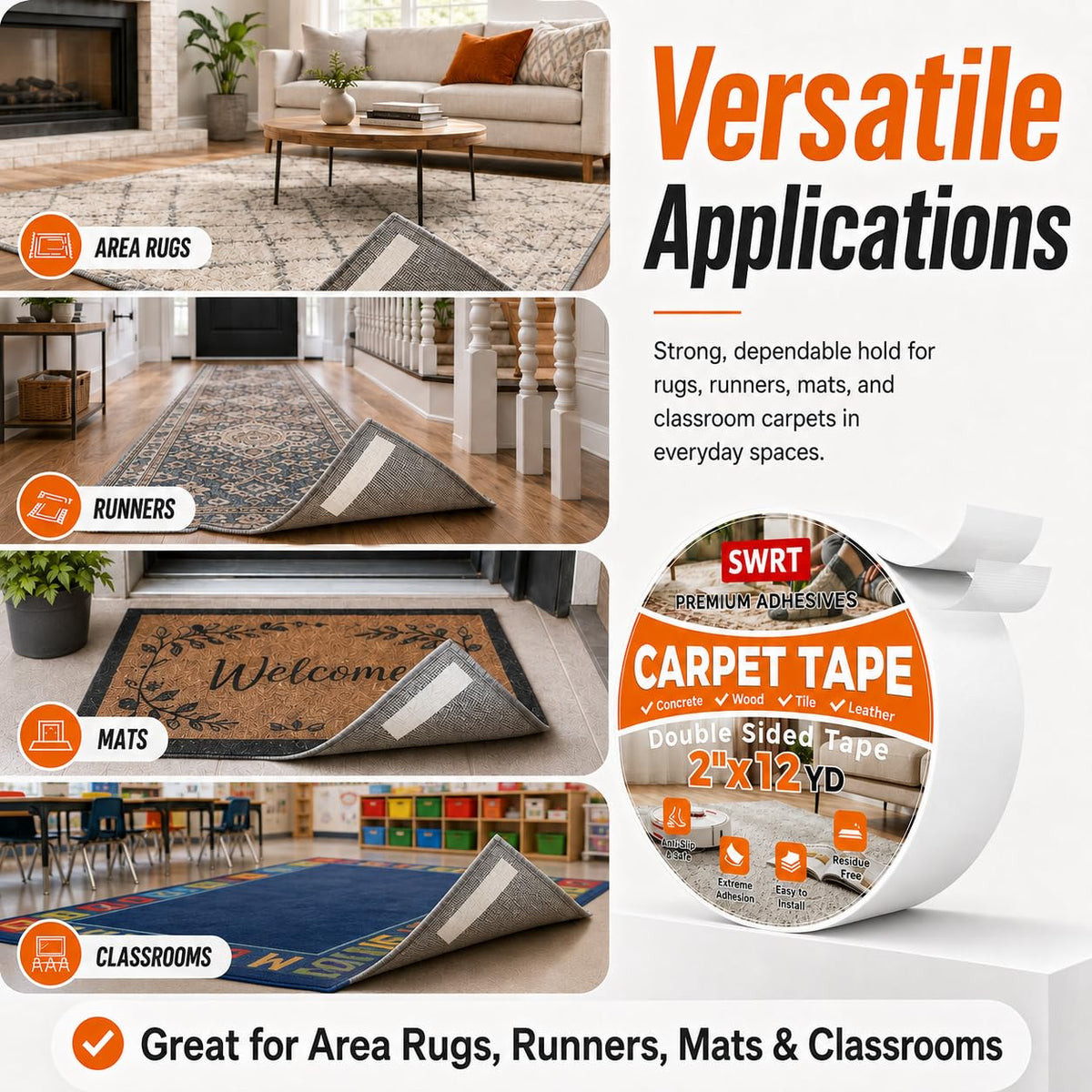 SWRT Double Sided Carpet Tape for Hardwood Floors & Area Rugs, 2" x 12YD