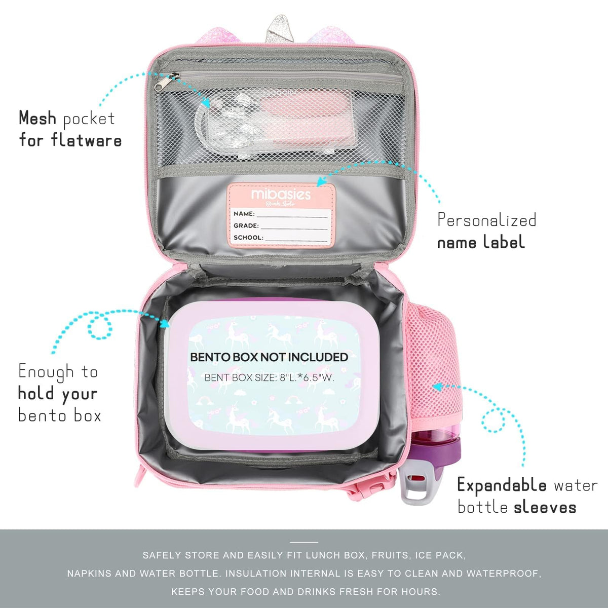 mibasies Unicorn Lunch Bag Kids Insulated Lunch Box for Girls with Water Bottle Holder and Shoulder Strap (Pink Blue Rainbow)
