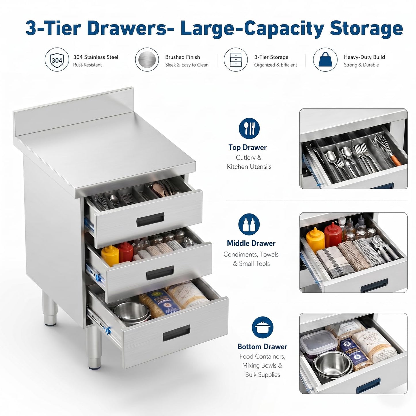 NUWJBYE Stainless Steel Outdoor Drawer Cabinet, 3 Drawers, 20.9" x 19.7" x 35.4" Heavy Duty Kitchen Cabinet for Outdoor Grill Station, BBQ Island, Commercial Prep Table, Garage Storage