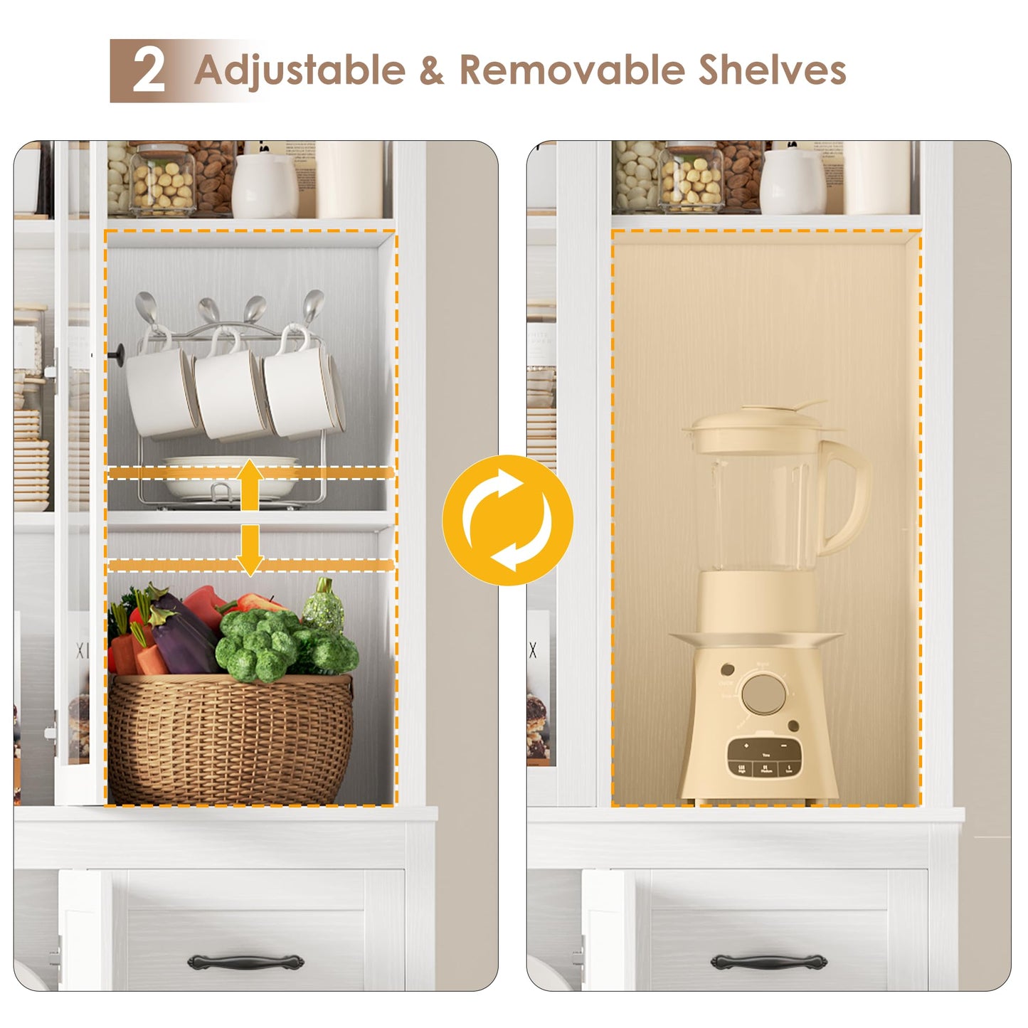 HIFIT 74.4''Hx63''W Large Pantry Cabinet for Food Storage, Kitchen Hutch Cabinet with Storage, Glass Doors Tall Wine Bar Cabinet, Large Bookcase with Drawers, White