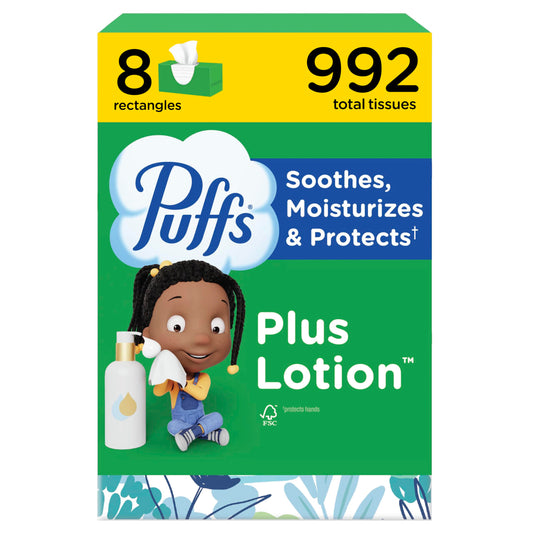 Puffs Facial Tissues Plus Lotion, 8 Family Rectangle Boxes, 124 Facial Tissues per Box, Allergies and Colds (Packaging May Vary)
