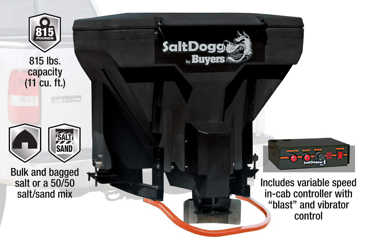 Buyers Products Saltdogg TGS07 Tailgate Salt Spreader, Made In The USA, 11 cu ft/825lb Capacity, Horizontal Auger Feed, Commerial Salt Spreader With Ground or Truck Bed Loading