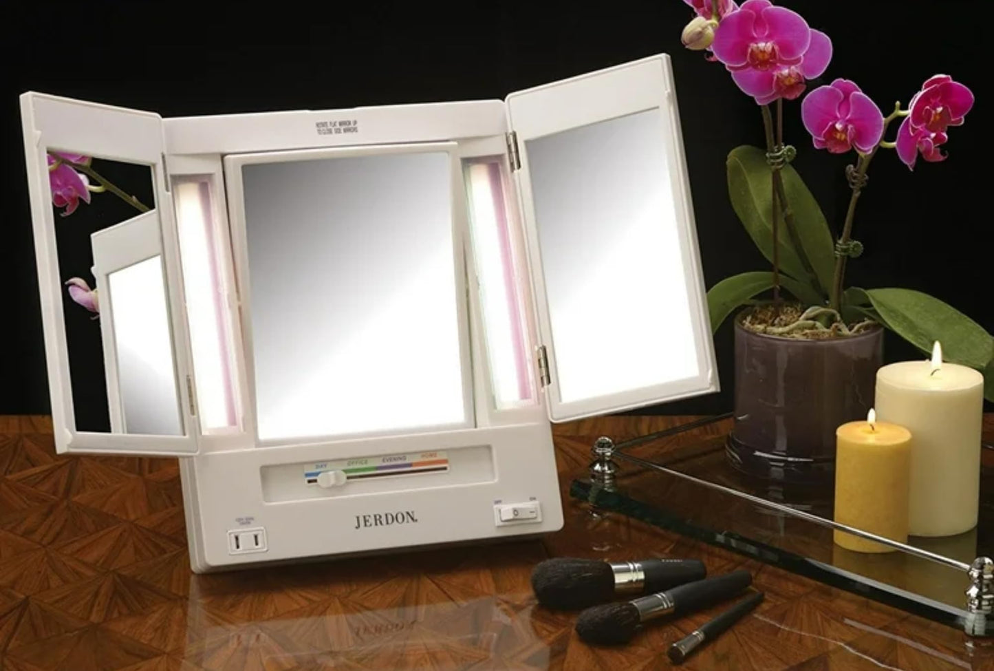 JERDON Tri-Fold Two-Sided Makeup Mirror with Lights - Vanity Mirror with 5X Magnification & Multiple Light Settings - White Base - Model JGL9W