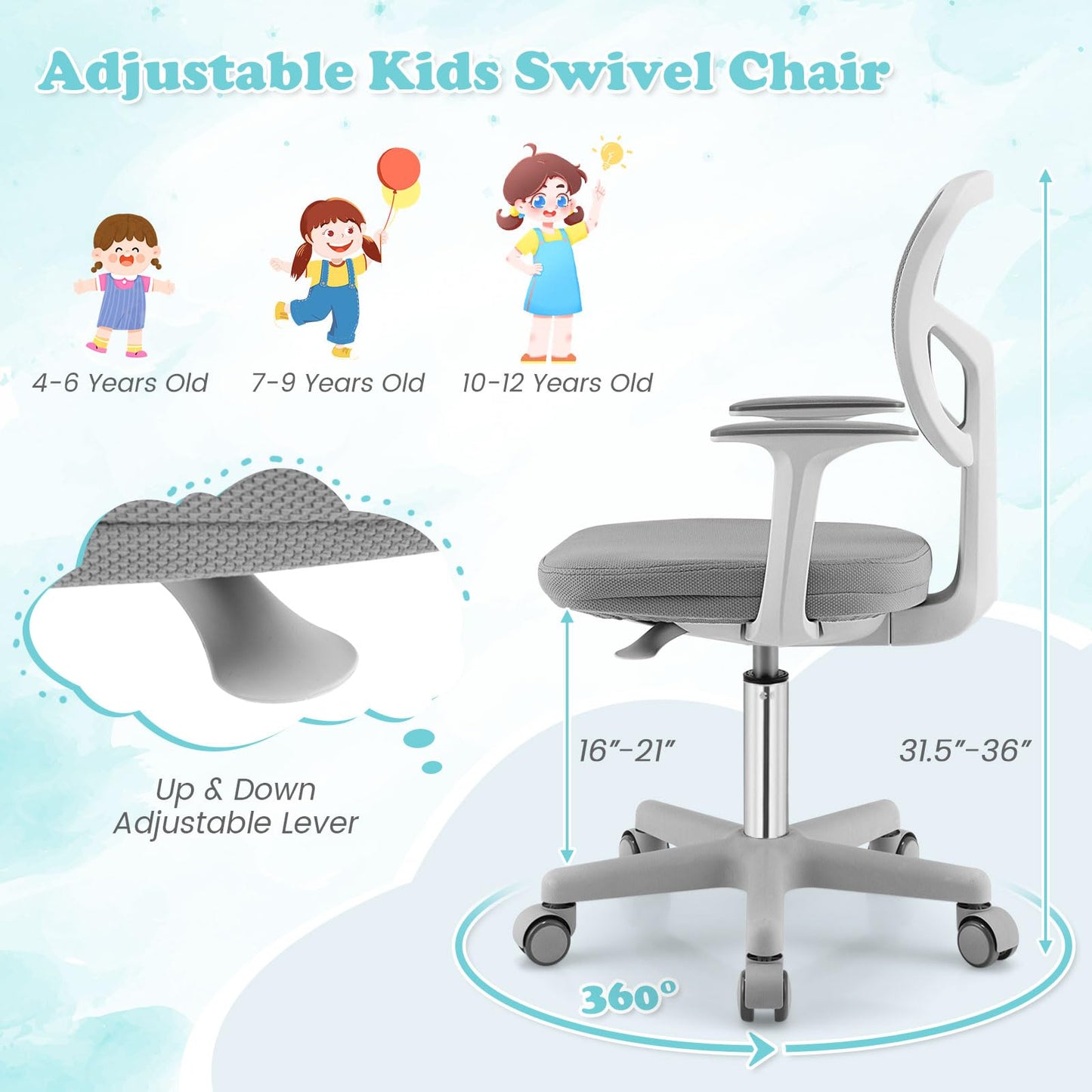 Giantex Kids Desk Chair, Ergonomic Adjustable Teen Task Chair w/Y-Shaped Lumbar Support, Armrest & Universal Wheels, Mesh Kid Office Chair for Sturdy, Kids Computer Chair for Boys & Girls 4-12, Grey