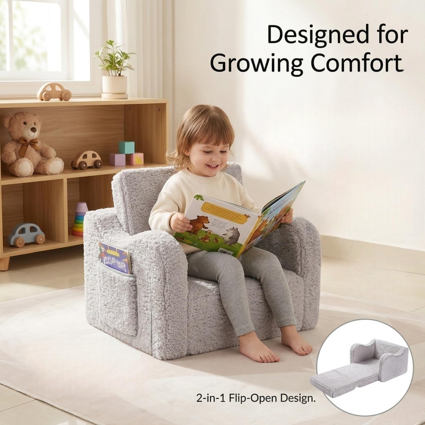 MOMCAYWEX Kids Sofa, 2-in-1 Flip-Out Foam Couch with Soft Sherpa Cover, Cozy Play Lounge Chair, Grey