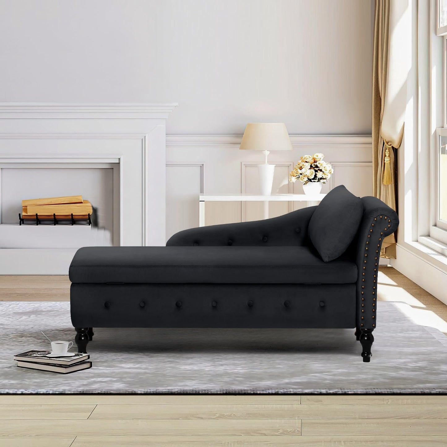 ACMEASE Chaise Lounge with Right Armrest & Lumbar Pillow,Button Tufted Lounge Sofa with Storage,Lounge Chair Indoor,Modern Upholstered Velvet Lounge Chair for Bedroom, Living Room and Office,Black