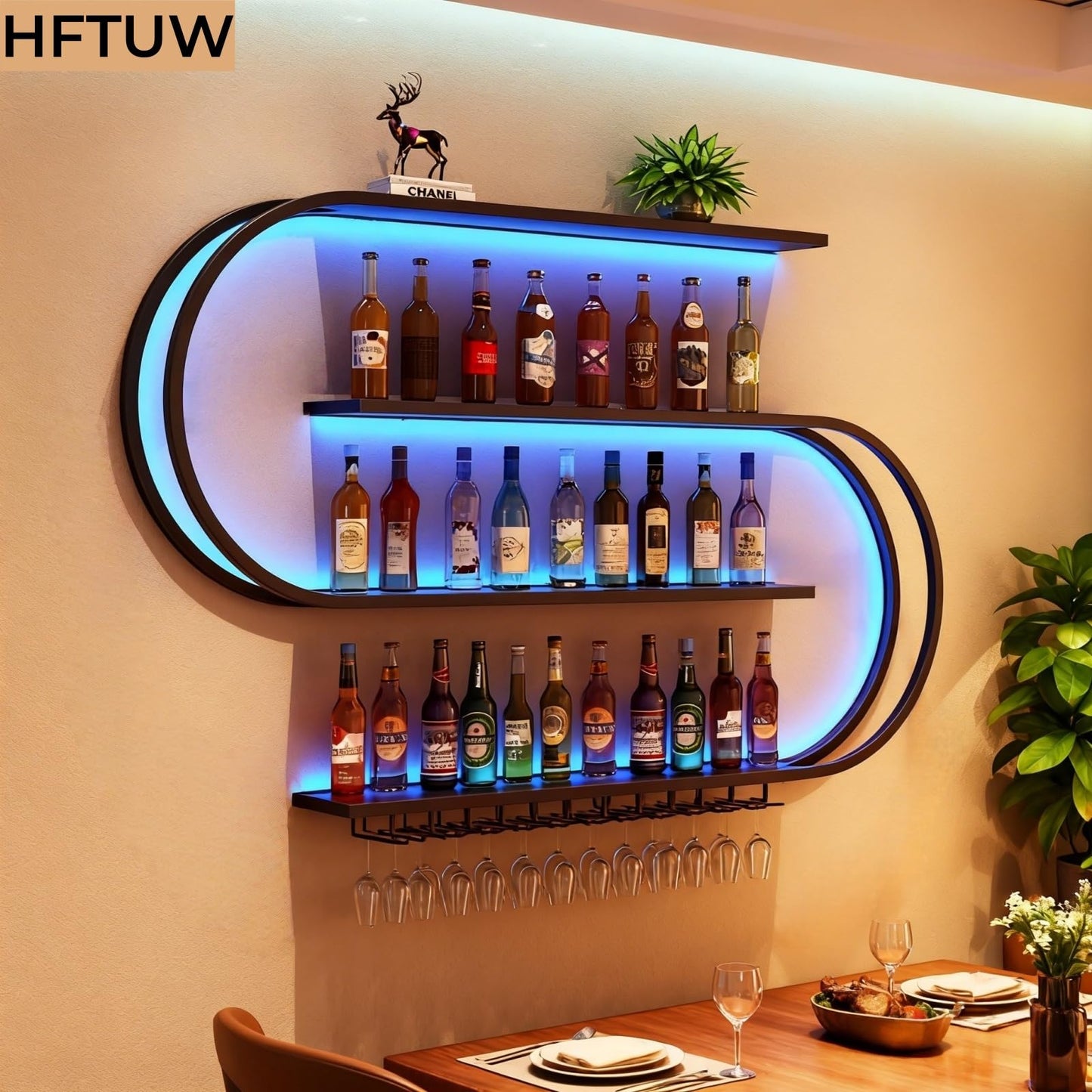 HFTUW 47 Inch Wall-Mounted Wine Rack with Led Light, 4-Tier Half Round Bar Shelves, Industrial Metal Display Storage Shelf & Wine Glass Hooks for Home Bar, Dining Room(Black-Blue Led, 47in/120cm)