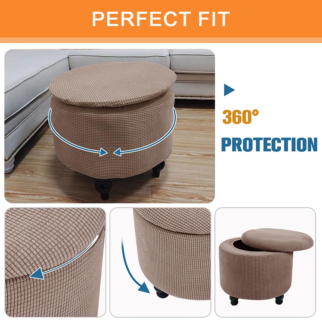 Lussenwert Round Ottoman Slipcover Stretch Soft Footstool Slipcover Corn Grid Storage Cover Folding Stool Covers Furniture Protector for Home Decor Khaki