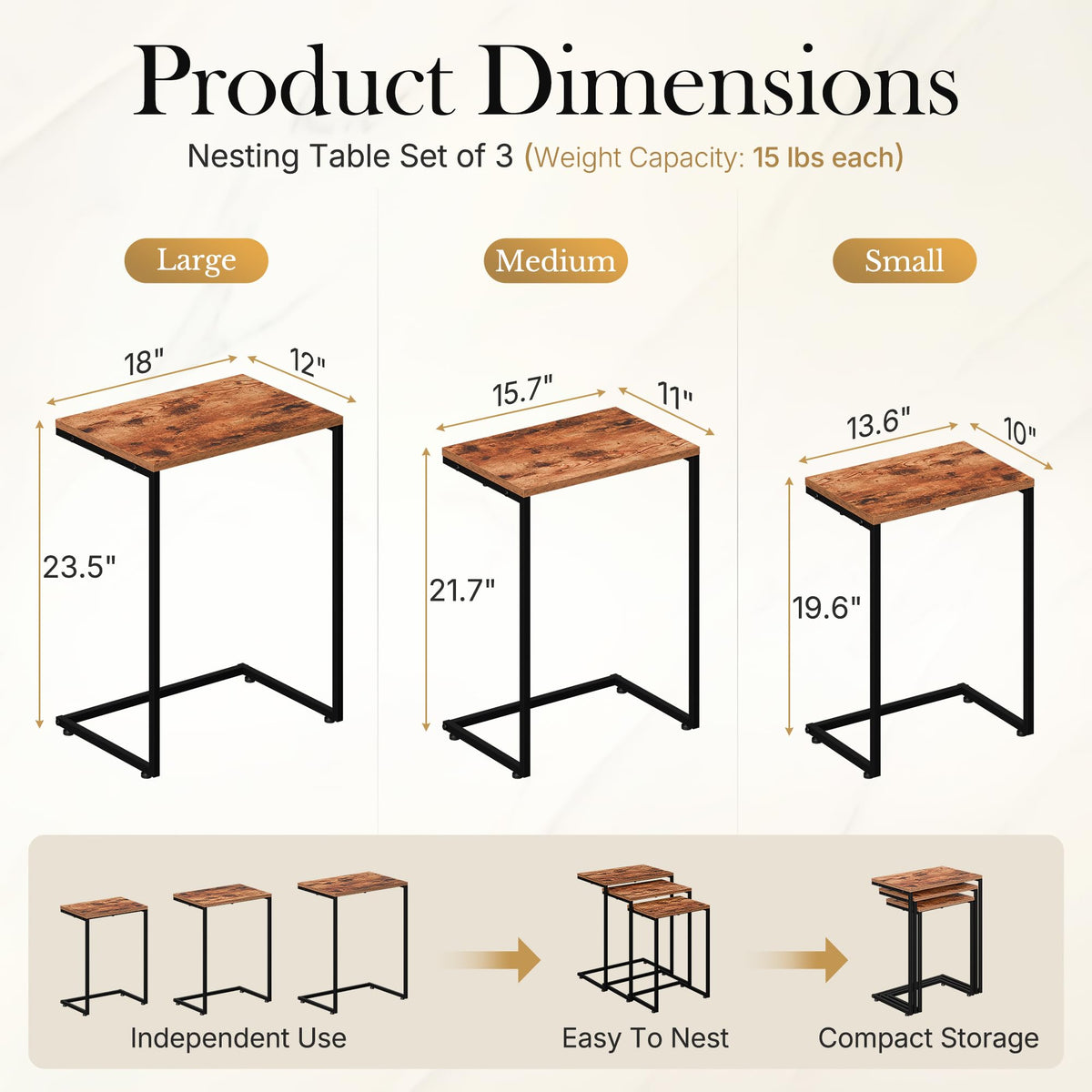 SUPER DEAL Nesting Tables Set of 3, Industrial C Shaped End Table Stackable Coffee Table Heavy Duty Metal Frame for Small Space, Living Room, Bedroom, Side Table Tray for Laptop Snack, Rustic Brown