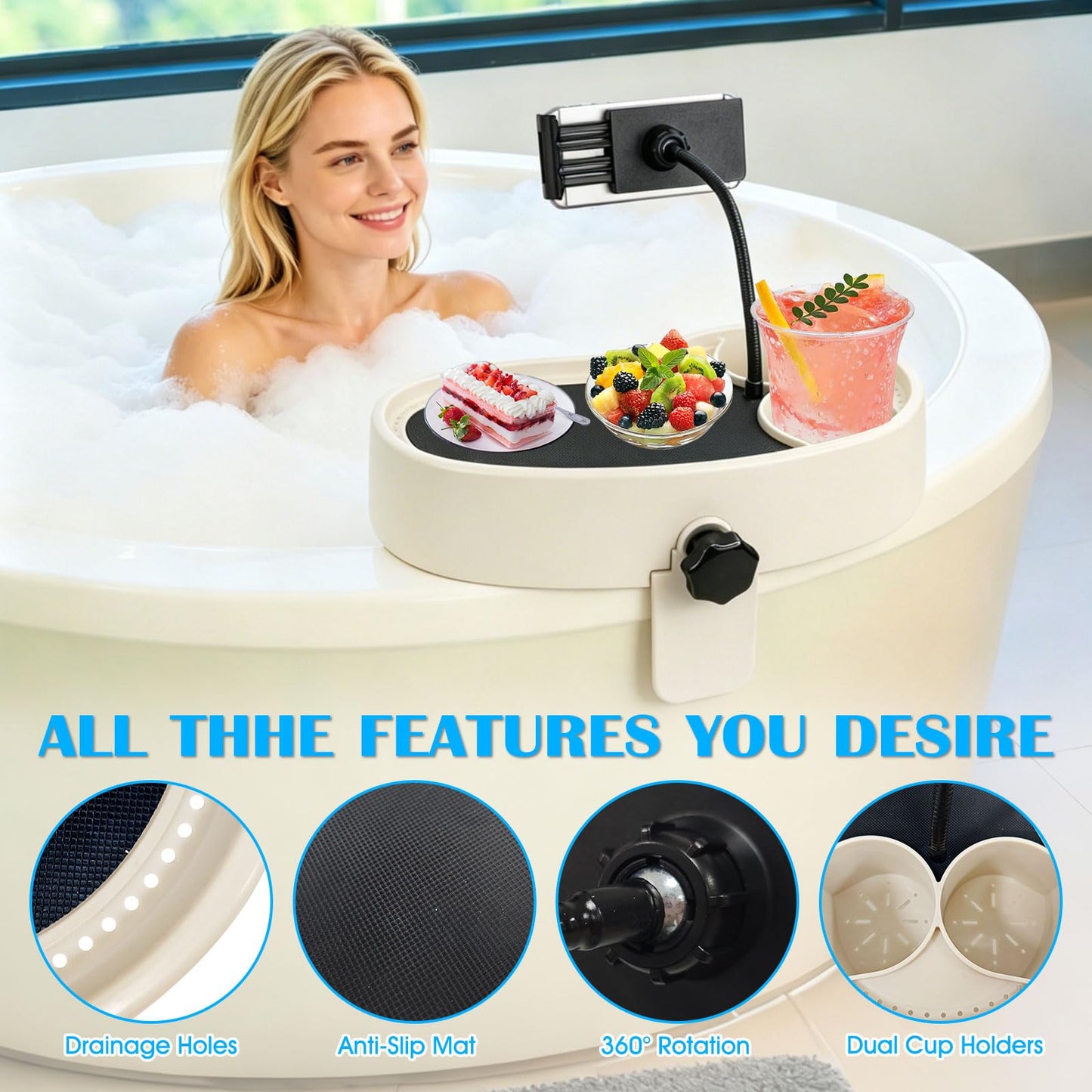 Hot Tub Table Tray with Adjustable Phone Holder, Nonslip Bathtub Table Tray Between 2.4-7.4" Hot Tub Accessories for Adults with 2 Cup Holders, Clip-on Pool Side Table for Above Ground Bathtub (Beige)