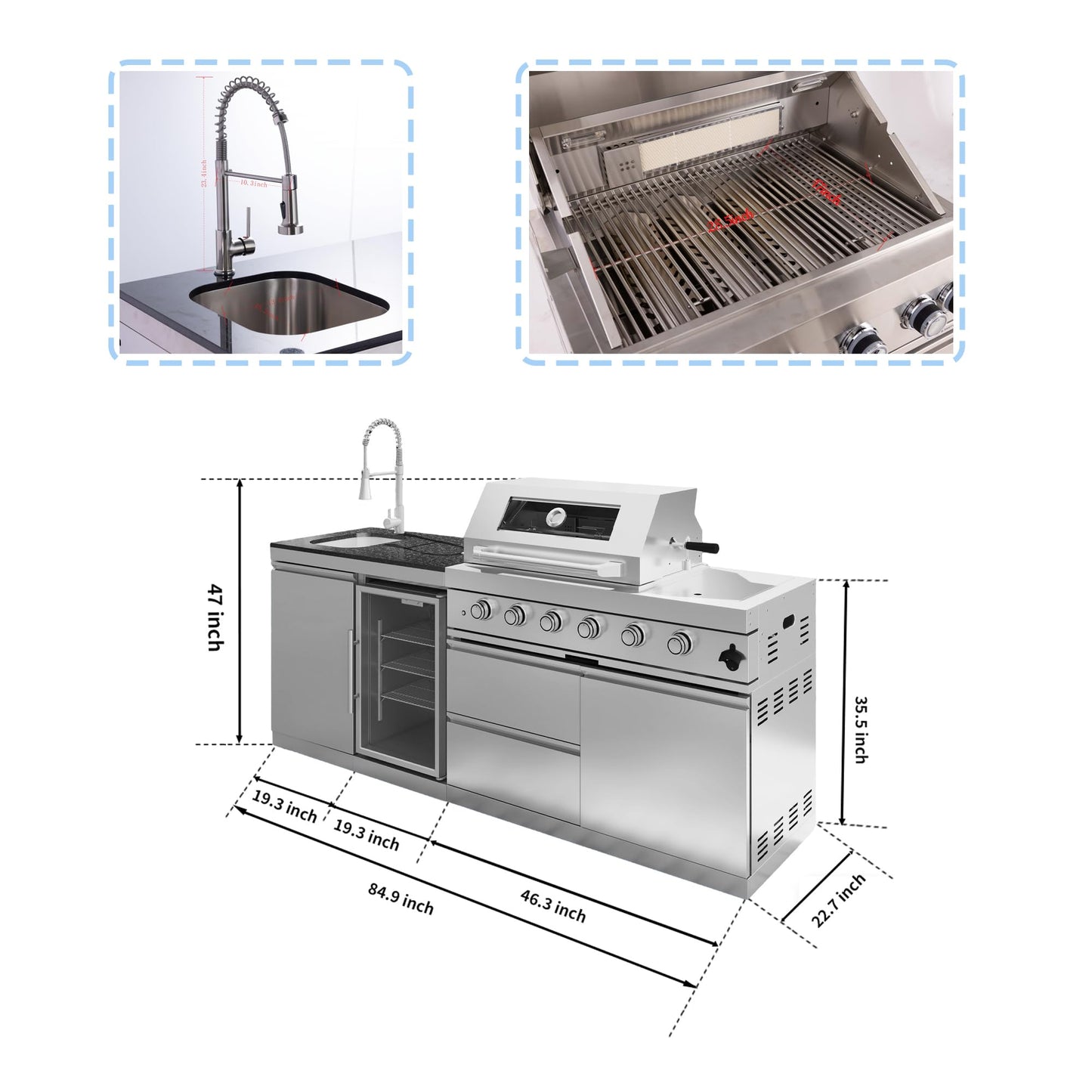 LPG 4-Burner 72000 BTU Stainless Steel Outdoor Kitchen Island Grill,Wine Cooler Refrigerator,Motorized Spit Kit,Granite Countertop, Sink, Infrared Rear Sear Station, Drawers, Cabinet, Wheels (Silver)