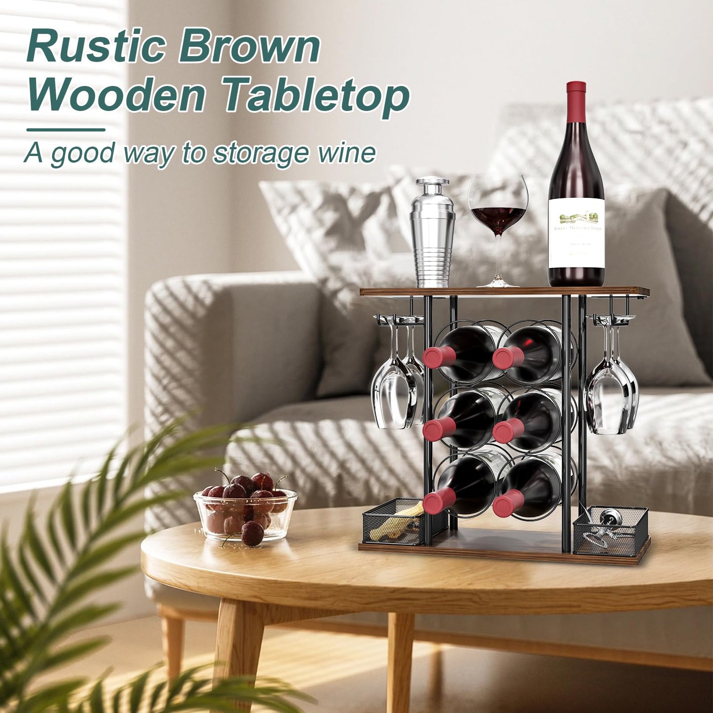 VyGrow Countertop Wine Rack, 3 Tier Wood & Metal Small Wine Rack Up to Hold 6 Bottles and 4 Glasses, Wine Bottle Holder for Home Bar Tabletop Kitchen Cabinet, 6.29" D x 16.14" W x 15.82" H