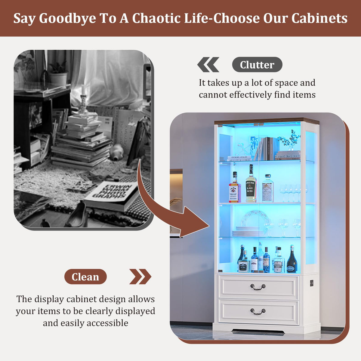 TAGELIER 67" Tall Display Cabinet with Glass Doors and 2 Drawers, White